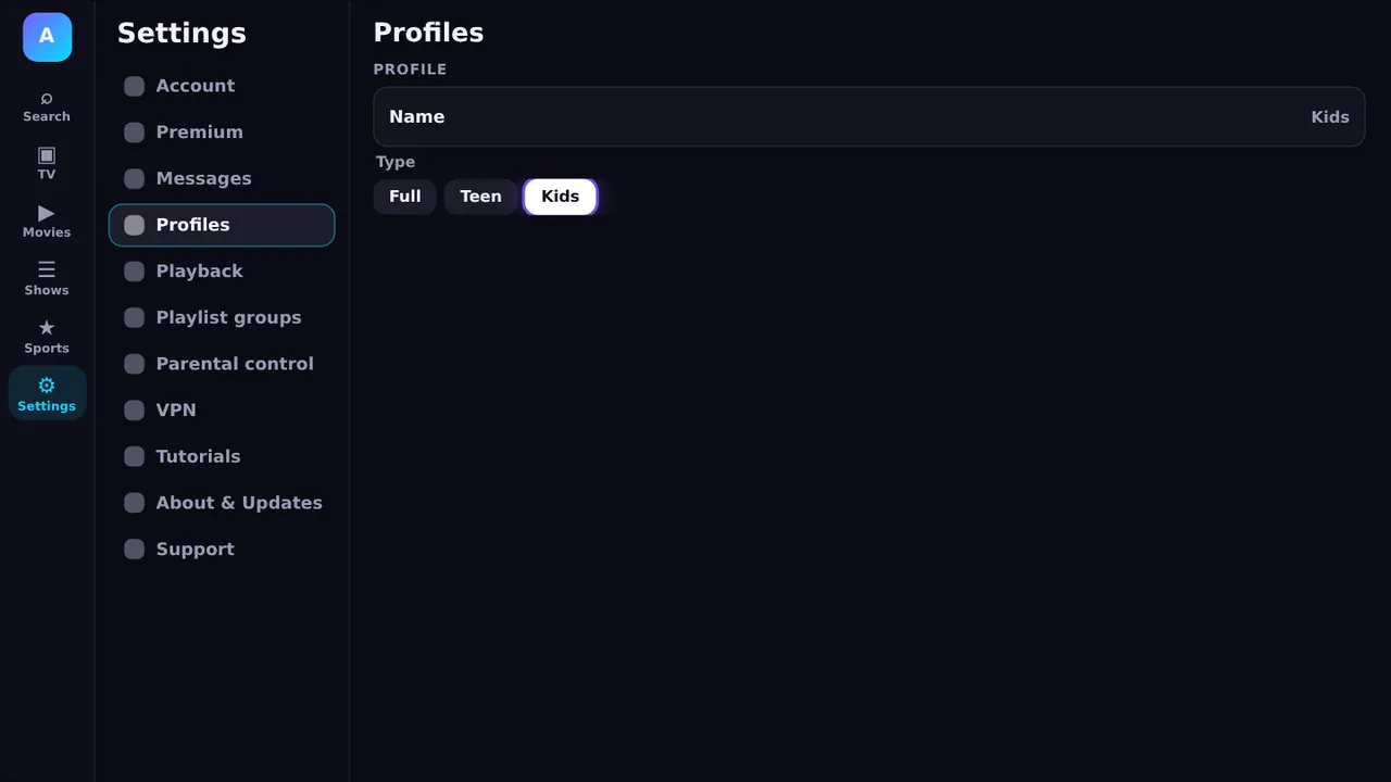 Profile settings with Full, Teen and Kids types